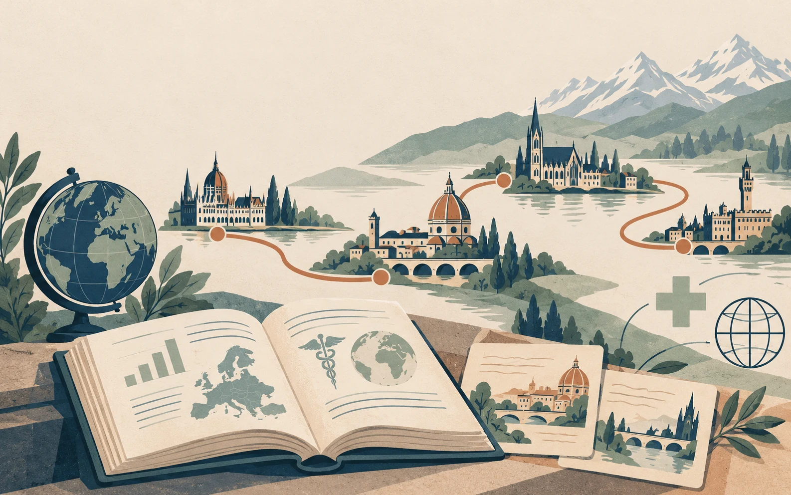 AI-generated editorial illustration of books, a globe and imagined European city silhouettes connected by a terracotta route.